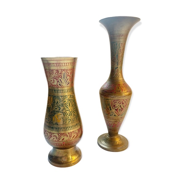 Antique Brass Floral etched Vase and Candlestick Set Made in India Vintage